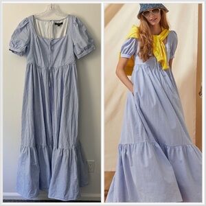 Brooks Brothers Seersucker Stripe Blue White Tiered Puff Sleeve Maxi Dress 12